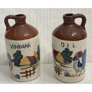 VINTAGE OIL & VINEGAR CRUET SET ROOSTER FARMHOUSE SCENE 5” TALL